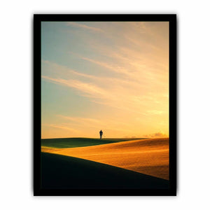 Lone figure desert canvas art with surreal warm tones for modern hallway decor.