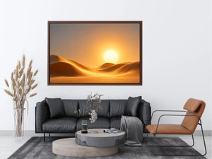 Warm desert sun canvas art with minimalist dunes for elegant living room decor.