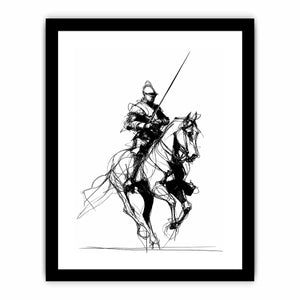 Black line art horse and knight artwork for modern office or hallway decor.