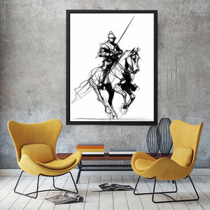 Black line art horse and knight artwork for modern office or hallway decor.