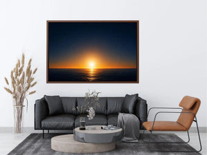 Dark ocean sunset canvas art with golden horizon for modern living room decor.