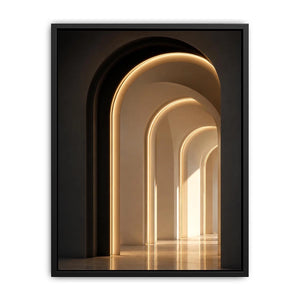 Neutral architectural arch canvas art with warm lighting for modern hallway decor.