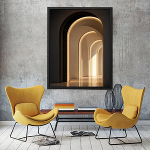 Neutral architectural arch canvas art with warm lighting for modern hallway decor.