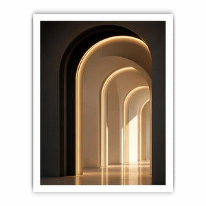 Neutral architectural arch canvas art with warm lighting for modern hallway decor.