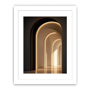 Neutral architectural arch canvas art with warm lighting for modern hallway decor.