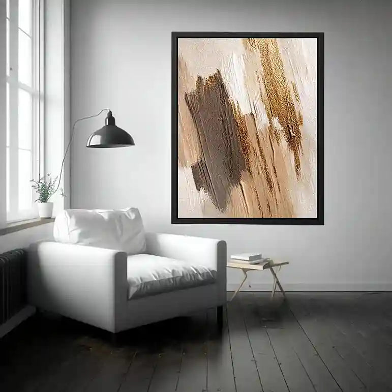 Neutral gold abstract canvas art with textured brush strokes for bedroom decor.