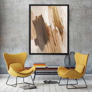 Neutral gold abstract canvas art with textured brush strokes for bedroom decor.