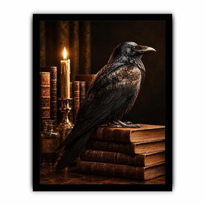 Moody raven and antique books canvas art for vintage office or reading nook decor.