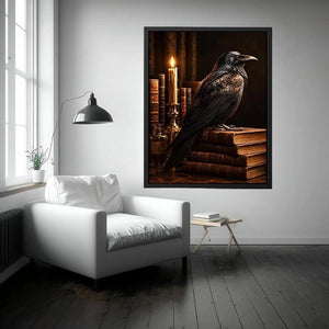 Moody raven and antique books canvas art for vintage office or reading nook decor.