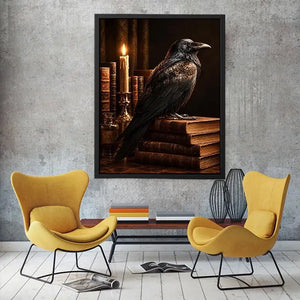 Moody raven and antique books canvas art for vintage office or reading nook decor.