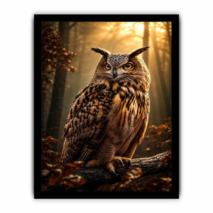 Majestic owl canvas art in misty forest for rustic office and living room decor.