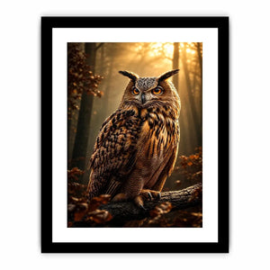 Majestic owl canvas art in misty forest for rustic office and living room decor.