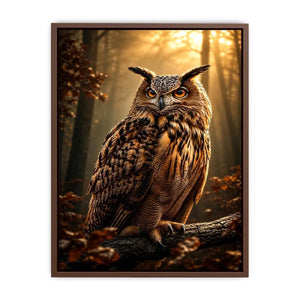 Majestic owl canvas art in misty forest for rustic office and living room decor.
