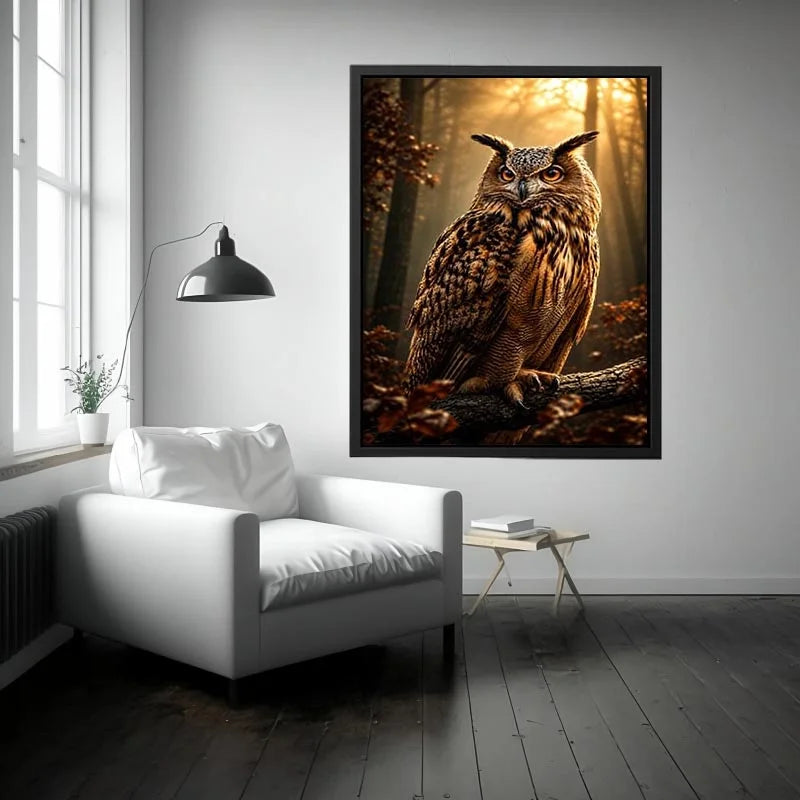 Majestic owl canvas art in misty forest for rustic office and living room decor.