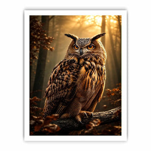 Majestic owl canvas art in misty forest for rustic office and living room decor.