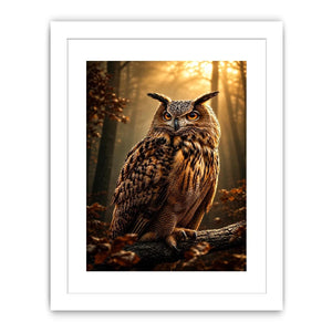 Majestic owl canvas art in misty forest for rustic office and living room decor.