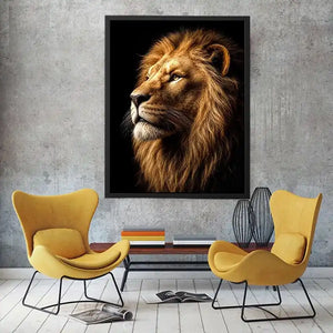 Dramatic lion portrait canvas art with black background for luxury office decor.
