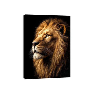 Dramatic lion portrait canvas art with black background for luxury office decor.