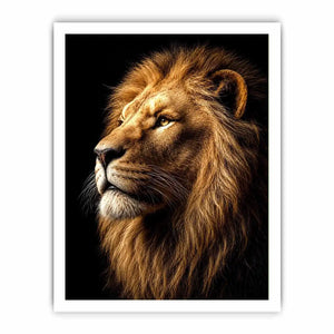 Dramatic lion portrait canvas art with black background for luxury office decor.