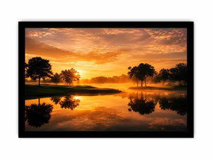 Warm sunset lake landscape canvas art for living room or dining room decor.