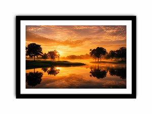 Warm sunset lake landscape canvas art for living room or dining room decor.