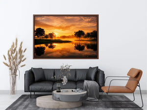 Warm sunset lake landscape canvas art for living room or dining room decor.