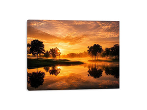 Warm sunset lake landscape canvas art for living room or dining room decor.
