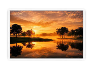 Warm sunset lake landscape canvas art for living room or dining room decor.