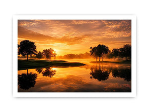 Warm sunset lake landscape canvas art for living room or dining room decor.