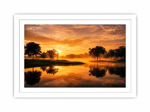 Warm sunset lake landscape canvas art for living room or dining room decor.