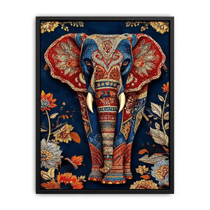 Ornate royal elephant canvas art with blue red and gold details for eclectic decor.