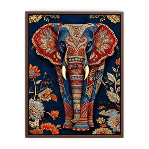 Ornate royal elephant canvas art with blue red and gold details for eclectic decor.