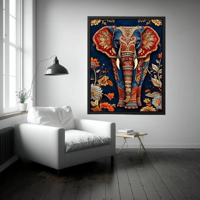 Ornate royal elephant canvas art with blue red and gold details for eclectic decor.