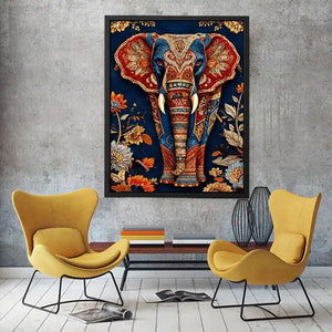 Ornate royal elephant canvas art with blue red and gold details for eclectic decor.
