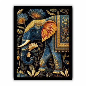 Blue and gold elephant canvas art with lotus florals for luxury entryway decor.