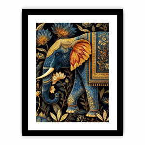 Blue and gold elephant canvas art with lotus florals for luxury entryway decor.