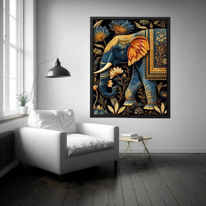 Blue and gold elephant canvas art with lotus florals for luxury entryway decor.
