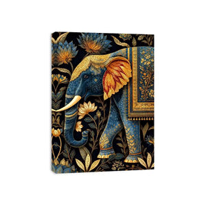Blue and gold elephant canvas art with lotus florals for luxury entryway decor.