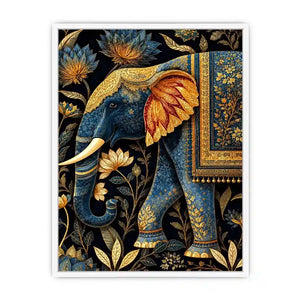 Blue and gold elephant canvas art with lotus florals for luxury entryway decor.
