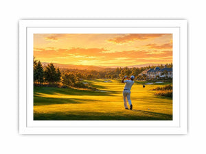 Golden golf course canvas art for modern office or living room decor.