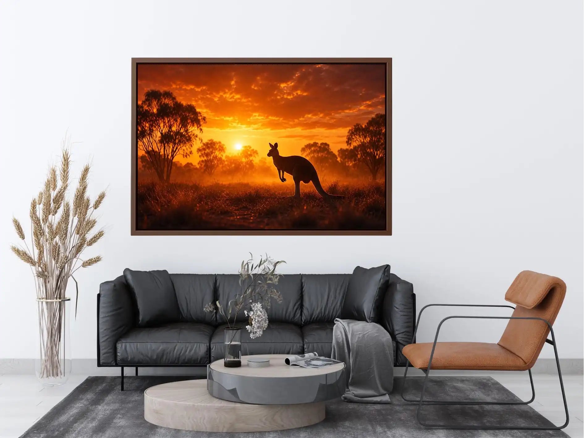 Kangaroo outback sunset canvas art for warm living room decor.