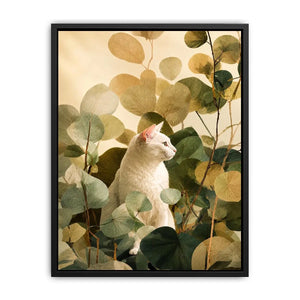 White cat botanical canvas print for serene bedroom or office decor.