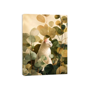 White cat botanical canvas print for serene bedroom or office decor.