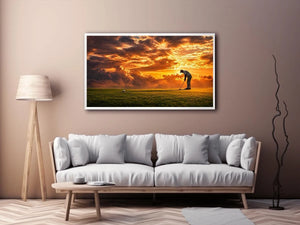 Golf sunset canvas art for office, mancave, or living room decor.