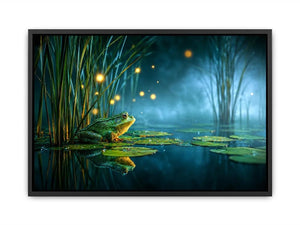 Dreamy frog canvas art with teal marsh lights for calming room decor.
