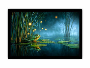 Dreamy frog canvas art with teal marsh lights for calming room decor.