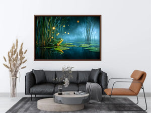 Dreamy frog canvas art with teal marsh lights for calming room decor.