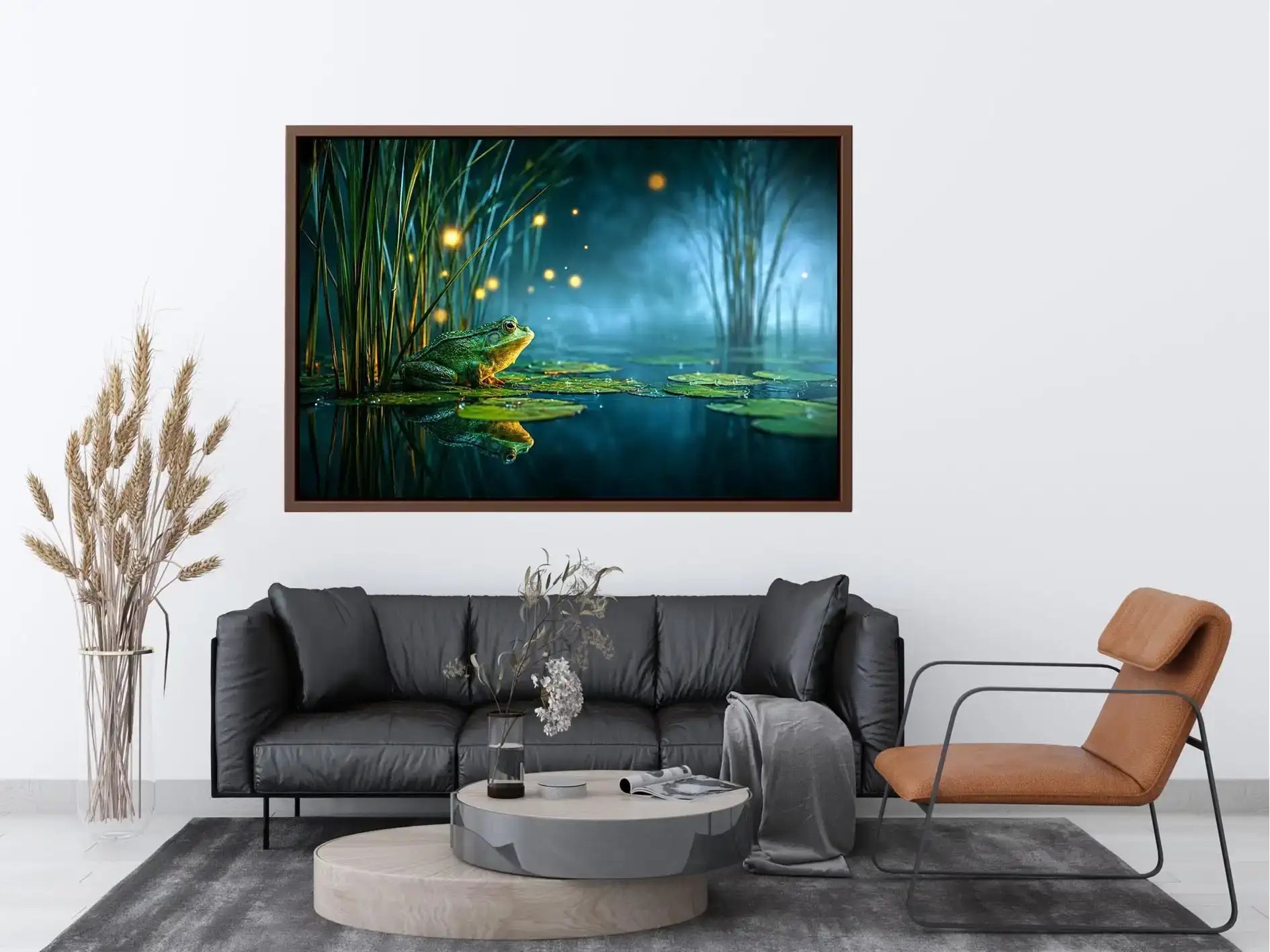 Dreamy frog canvas art with teal marsh lights for calming room decor.