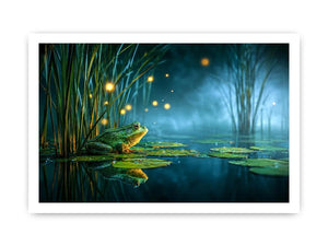 Dreamy frog canvas art with teal marsh lights for calming room decor.