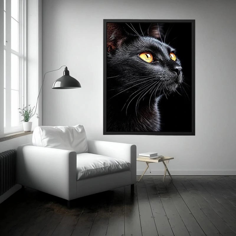 Black cat portrait canvas art with amber eyes for modern room decor.